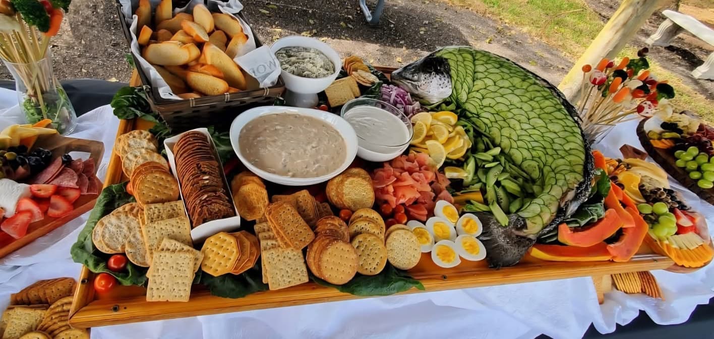 Impressive seafood spread with artisan crackers and dips